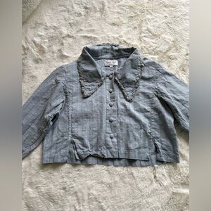 Cropped Button-Down Shirt with Lace Collar - Light Blue